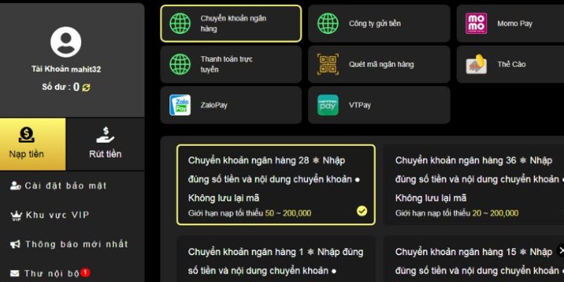 Cung cấp đa dạng các thức nạp tiền hỗ trợ người chơi